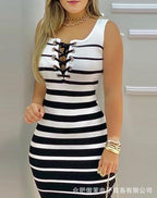 Women's British Style Dress 2024 Spring Summer Latest Commissioning V-Shaped Collar Striped Sleeveless Sexy Strap Tight Skirt