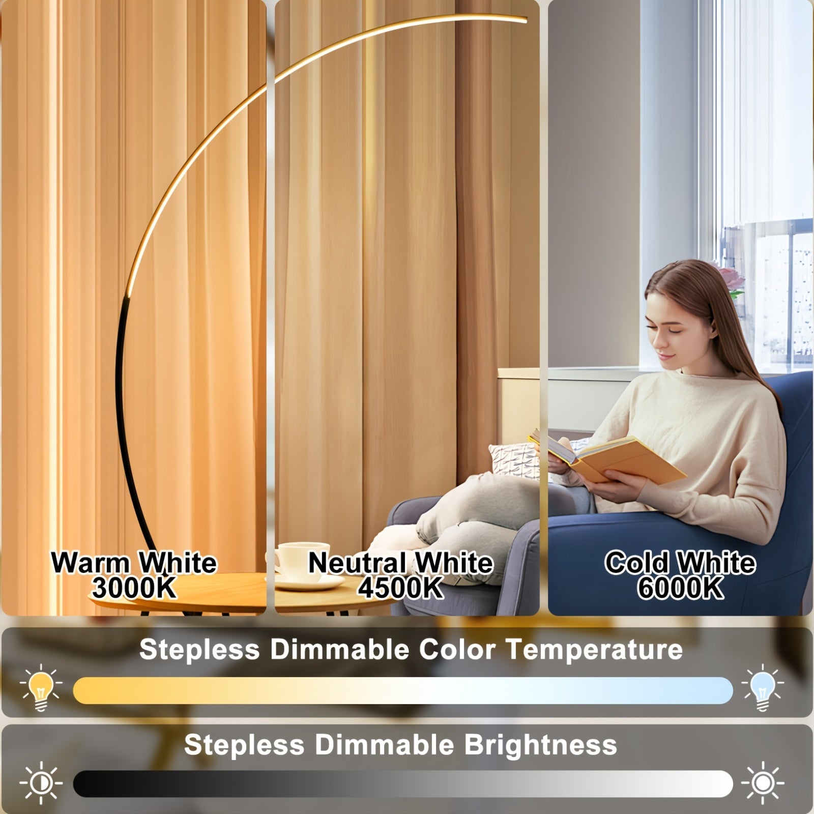 65" Modern Floor Lamp 65 Inch Modern Arched Floor Lamp | With Remote, 3 Color Temperatures Dimmable Black LED Color Changing Curved Ambient Lighting For Bedroom And Living Room