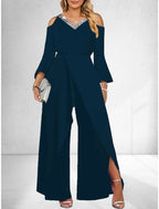 Women's Sequin Solid V Neck Business Elegant Wide Leg Loose Sleeve Bell Sleeve Jumpsuit