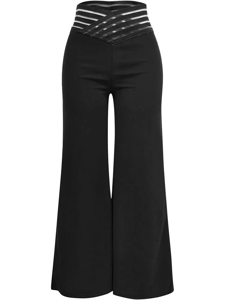 Elegant High Waist Flared Women Pants Office Casual Crisscross Sheer Mesh Patch Mesh Patch Casual Trousers Women Clothes