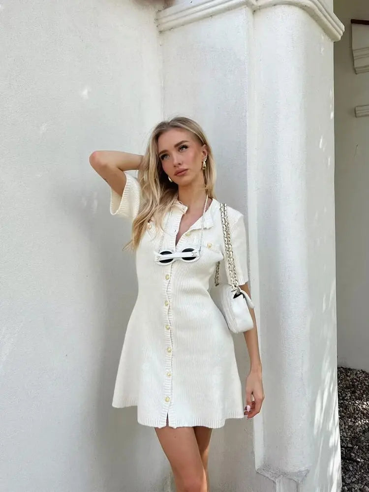 Elegant Women's Knitted Short Sleeve Dress Single Breasted High Waist Button Mini Curvy Dresse Knitwears White Black Summer 2025