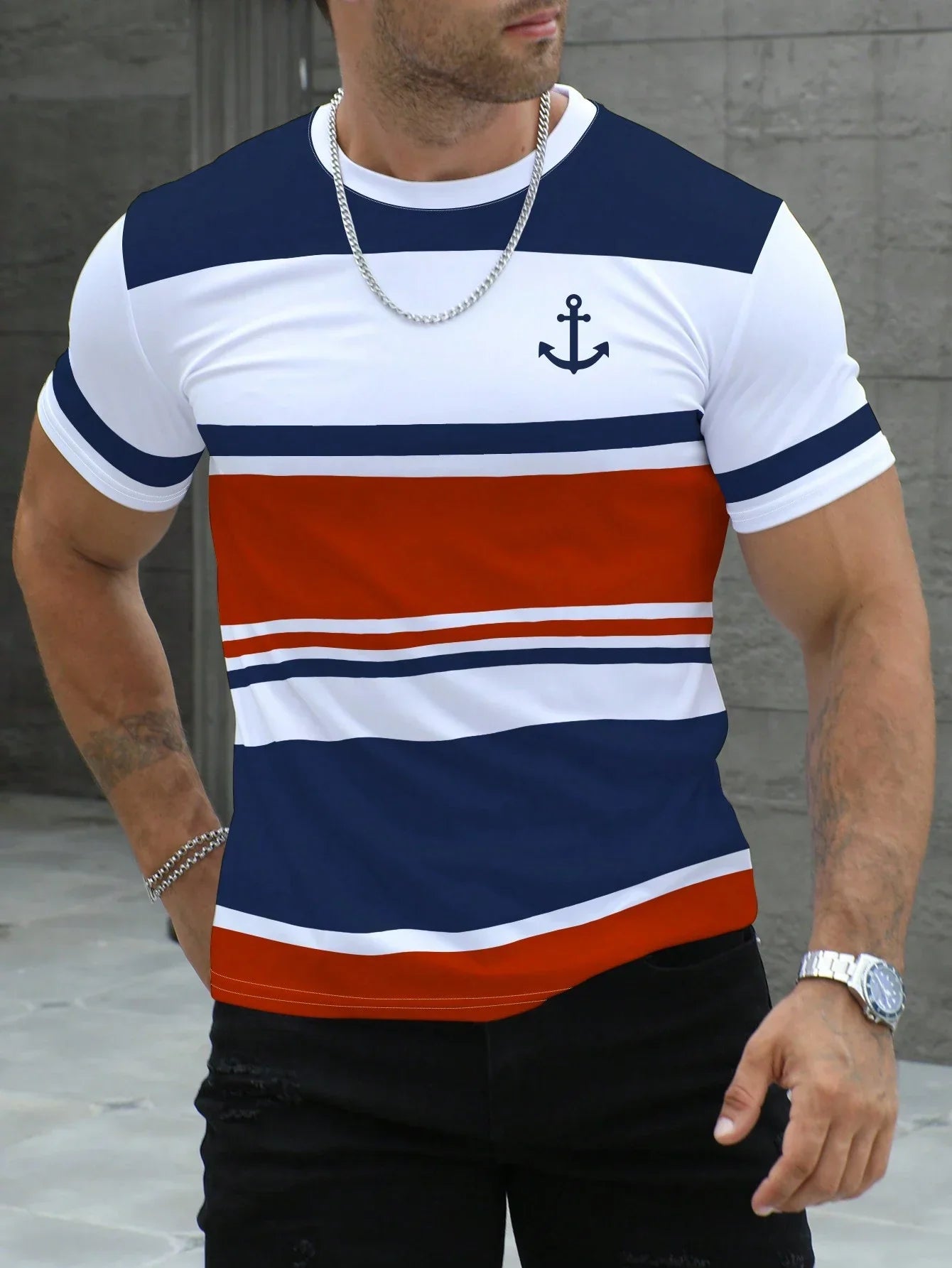 Men's striped design pattern short sleeved T-shirt short sleeved T-shirt quick drying breathable comfortable casual street