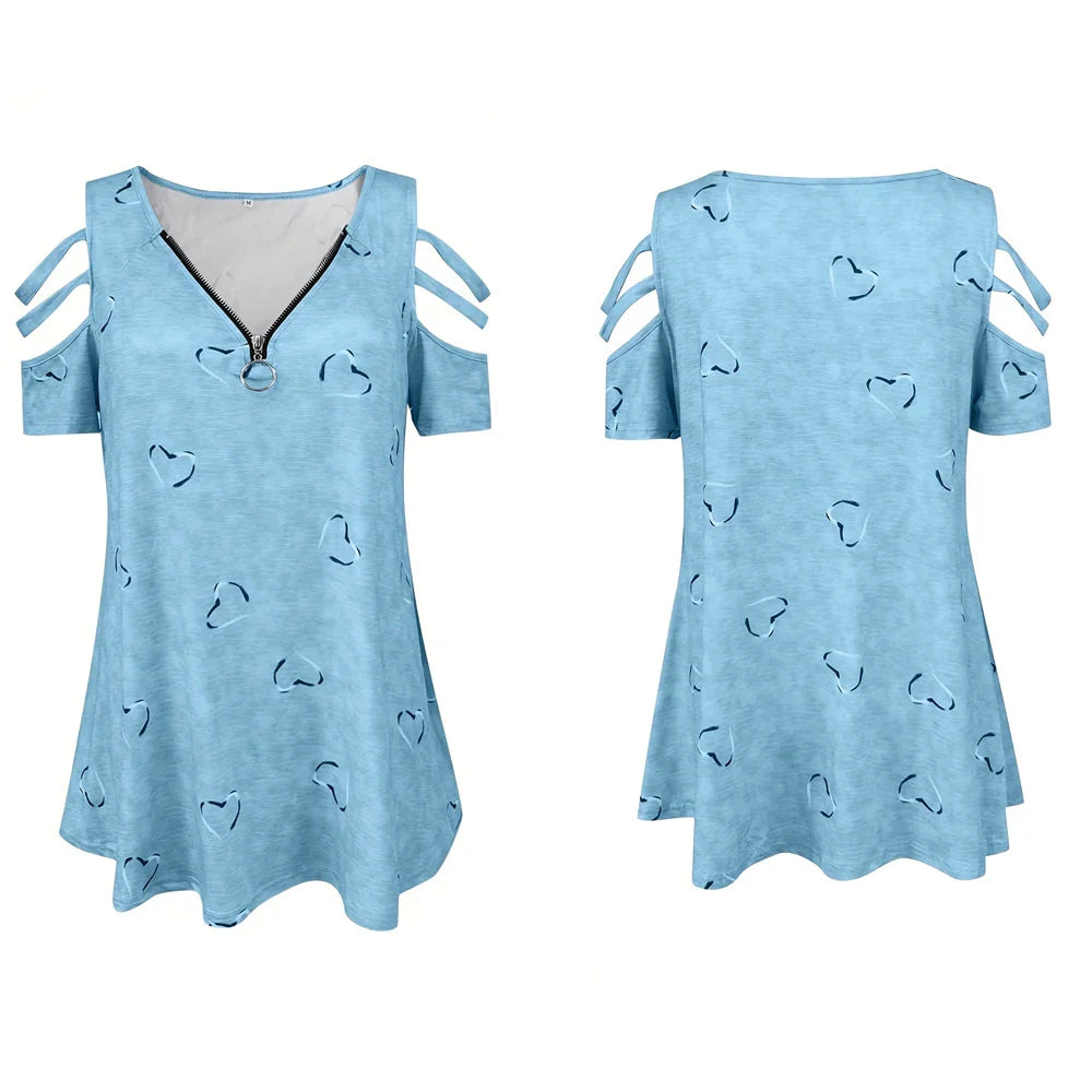 Women Summer Cold Shoulder V-Neck Zipper Printed Hollow Out T-Shirt Ladies Casual Loose Blouse Tunic Tops High Quality Clothing