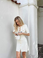 Elegant Women's Knitted Short Sleeve Dress Single Breasted High Waist Button Mini Curvy Dresse Knitwears White Black Summer 2025
