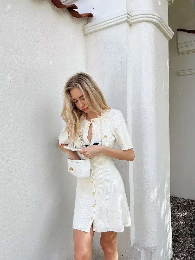 Elegant Women's Knitted Short Sleeve Dress Single Breasted High Waist Button Mini Curvy Dresse Knitwears White Black Summer 2025