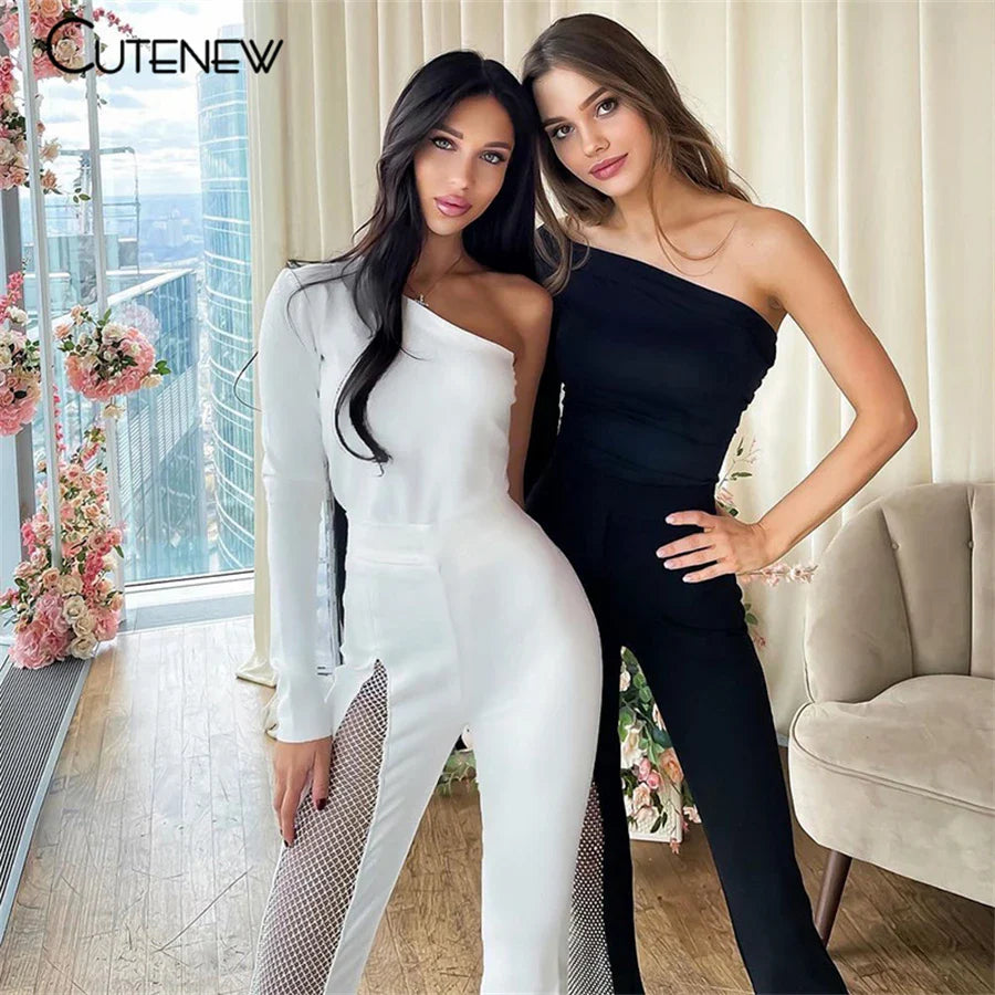 Cutenew Sexy Mesh Patchwork One Shoulder Playsuits Women Elegant Solid Skinny Flare Pants Jumpsuit Fashion Lady Party Streetwear