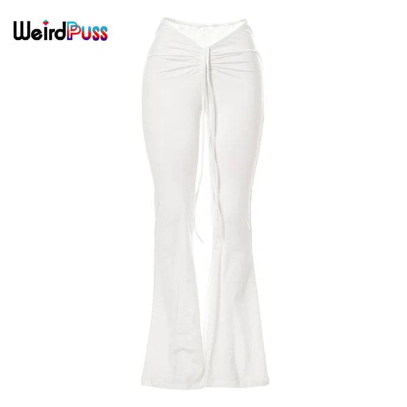 Weird Puss Y2K Low Waist Flare Pants Women Drawstring Ruched Long Trousers Elastic Casual Streetwear Fashion Bandage Bottoms