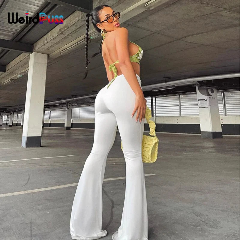 Weird Puss Y2K Low Waist Flare Pants Women Drawstring Ruched Long Trousers Elastic Casual Streetwear Fashion Bandage Bottoms
