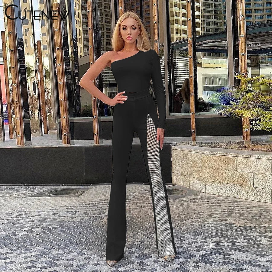 Cutenew Sexy Mesh Patchwork One Shoulder Playsuits Women Elegant Solid Skinny Flare Pants Jumpsuit Fashion Lady Party Streetwear