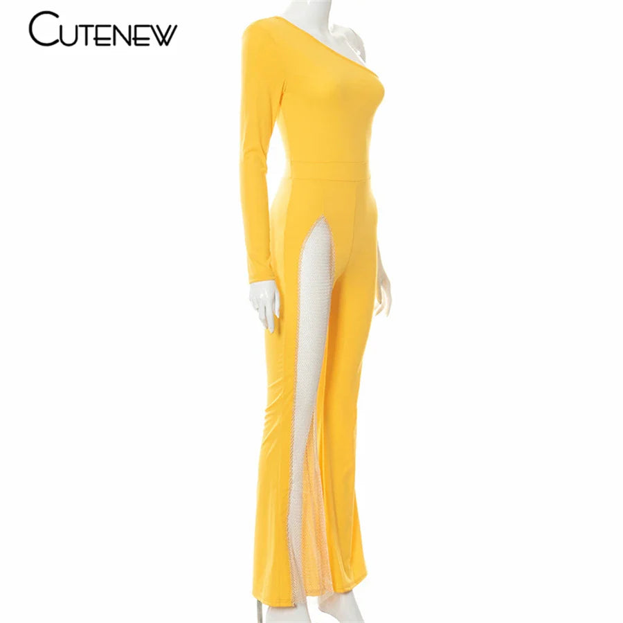 Cutenew Sexy Mesh Patchwork One Shoulder Playsuits Women Elegant Solid Skinny Flare Pants Jumpsuit Fashion Lady Party Streetwear