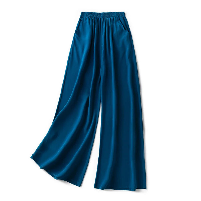 SuyaDream Women Wide Leg Pants 100%Real Silk Solid Elastic Waisted Ankle-length 2024 Office Spring Autumn Chic Trousers Black