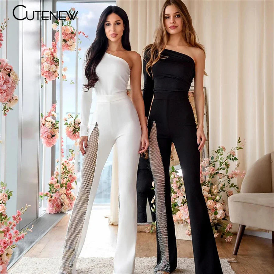 Cutenew Sexy Mesh Patchwork One Shoulder Playsuits Women Elegant Solid Skinny Flare Pants Jumpsuit Fashion Lady Party Streetwear