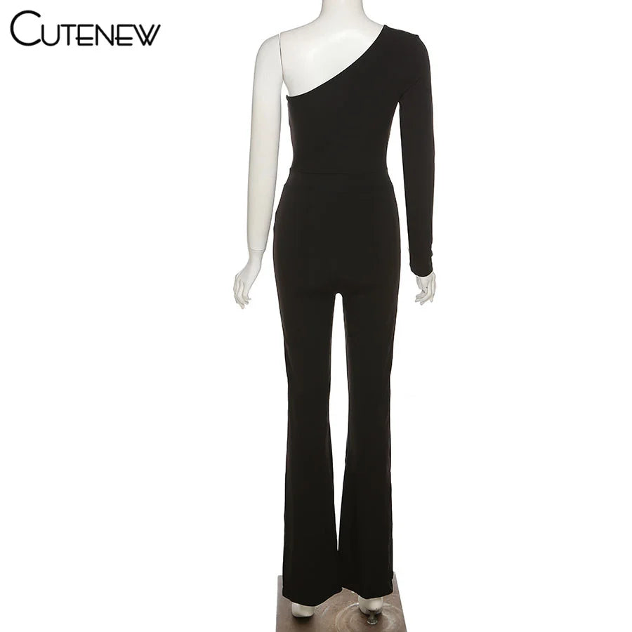Cutenew Sexy Mesh Patchwork One Shoulder Playsuits Women Elegant Solid Skinny Flare Pants Jumpsuit Fashion Lady Party Streetwear