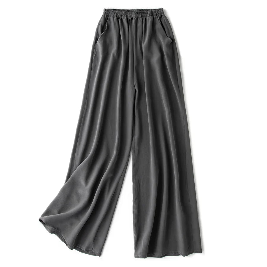 SuyaDream Women Wide Leg Pants 100%Real Silk Solid Elastic Waisted Ankle-length 2024 Office Spring Autumn Chic Trousers Black