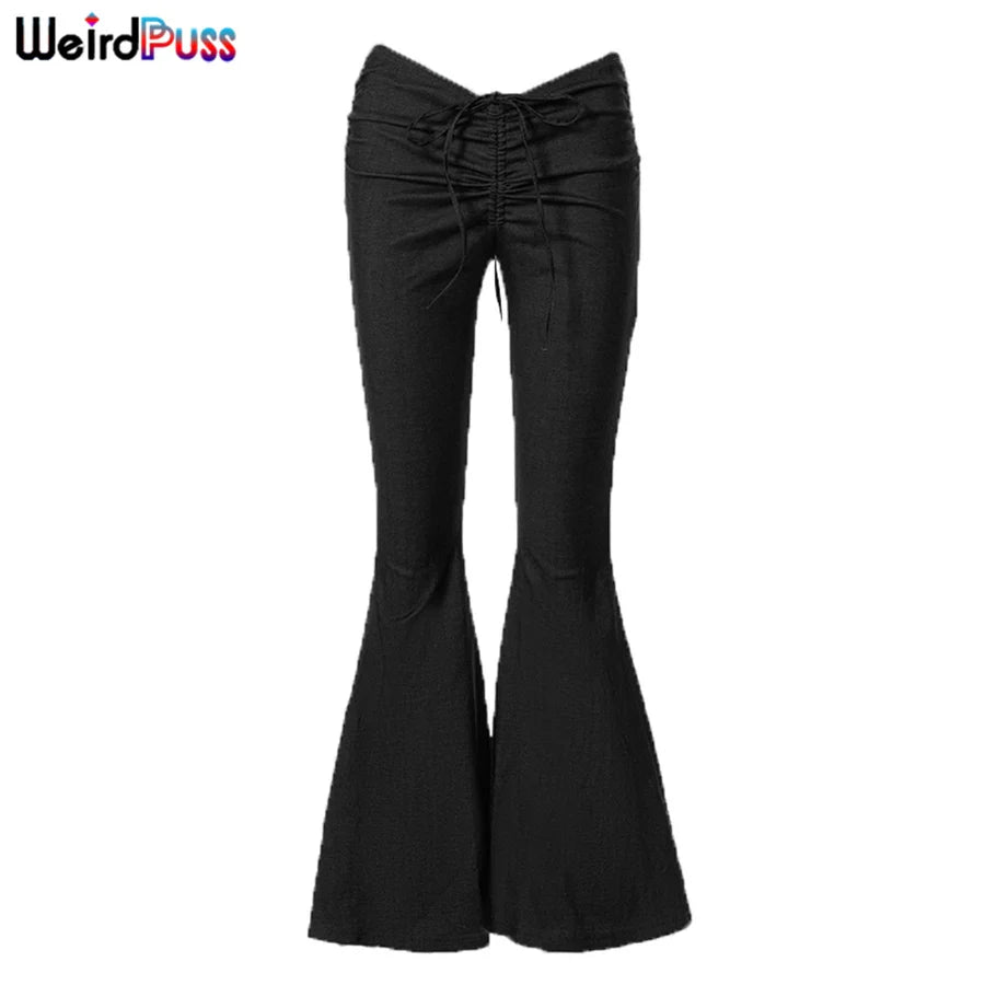 Weird Puss Y2K Low Waist Flare Pants Women Drawstring Ruched Long Trousers Elastic Casual Streetwear Fashion Bandage Bottoms