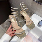 Xibeilove 2024 Summer Luxury Women Sandals Crystal Square Head Gold Rhinestone Snake Pattern High Heels Wedding Party Shoes