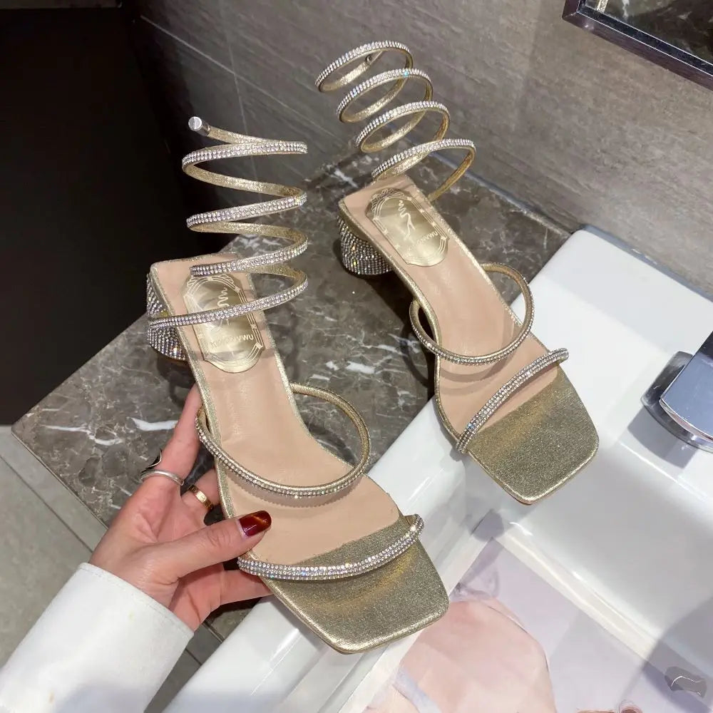 Xibeilove 2024 Summer Luxury Women Sandals Crystal Square Head Gold Rhinestone Snake Pattern High Heels Wedding Party Shoes