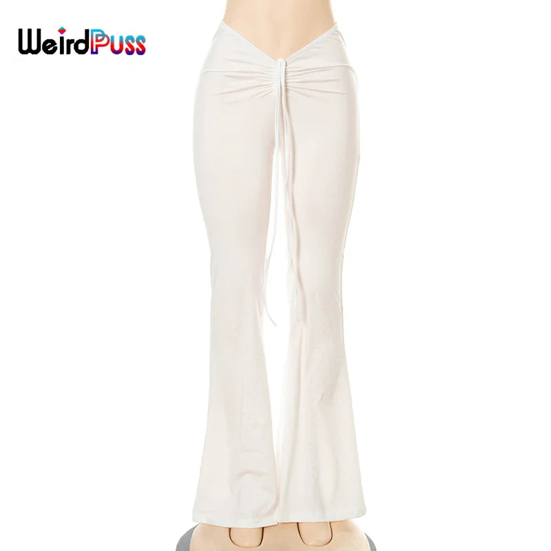 Weird Puss Y2K Low Waist Flare Pants Women Drawstring Ruched Long Trousers Elastic Casual Streetwear Fashion Bandage Bottoms
