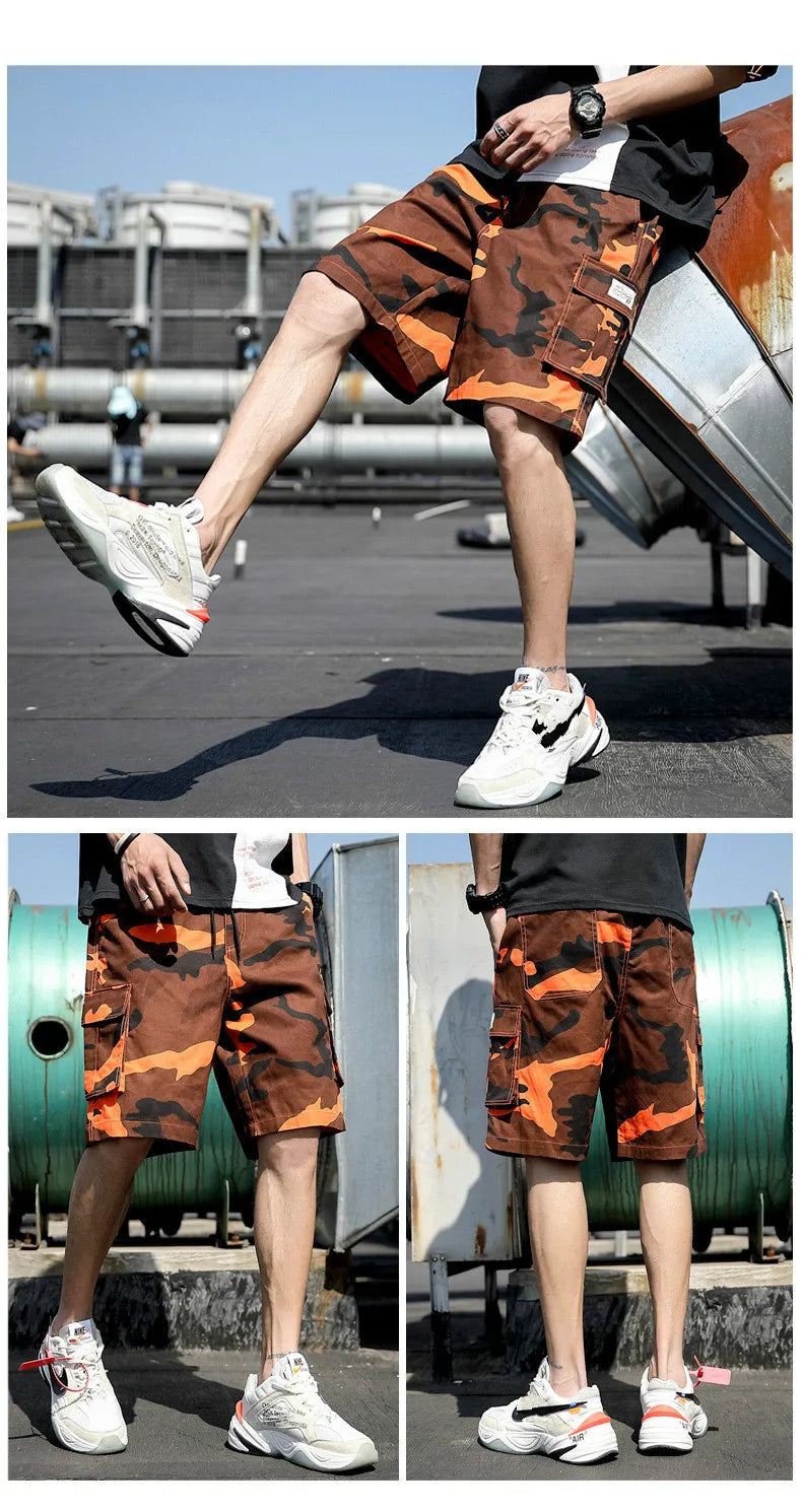 Summer Men's Outdoor Camouflage Cargo Shorts Pocket Cotton Casual Half Pants Mid Waist Drawstring Loose Shorts Bib Overalls 7XL