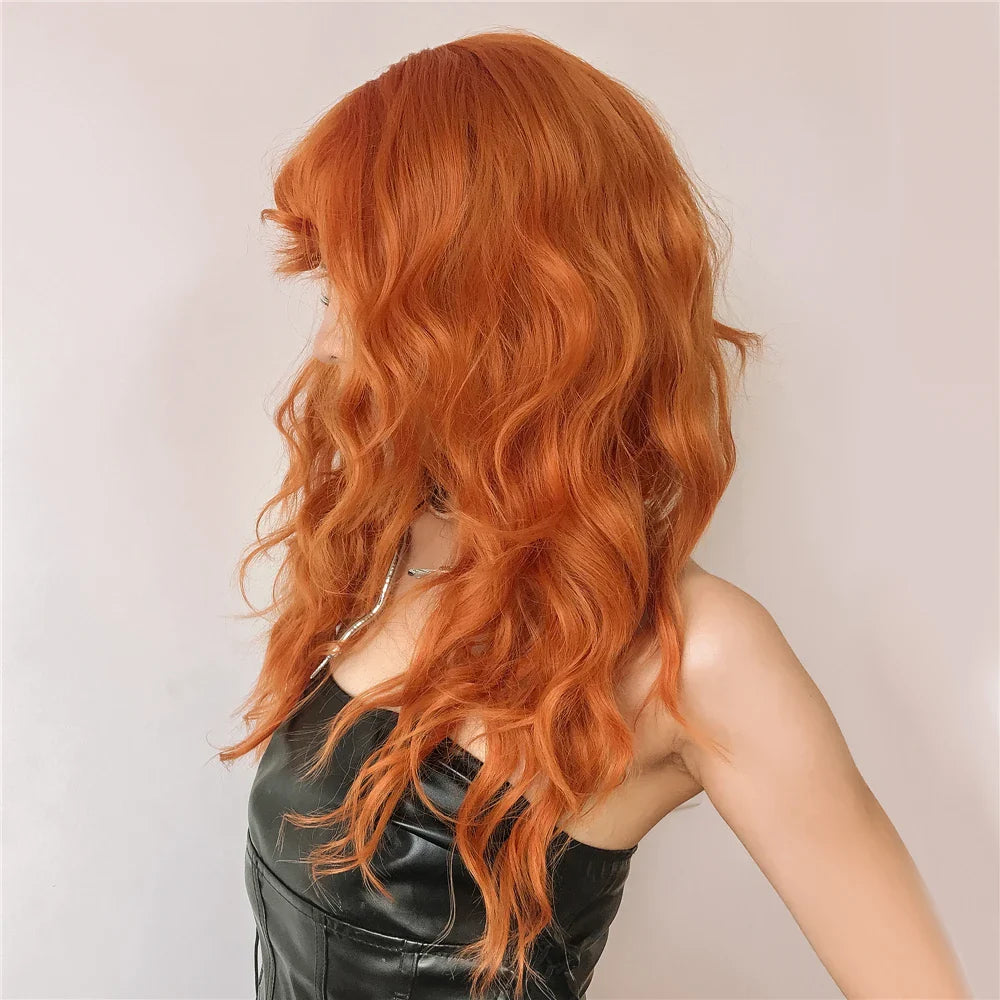Cosplay Ginger Orange Long Curly Synthetic Wigs with Bangs Deep Wave Lolita Hair for Women Halloween Party Daily Heat Resistant