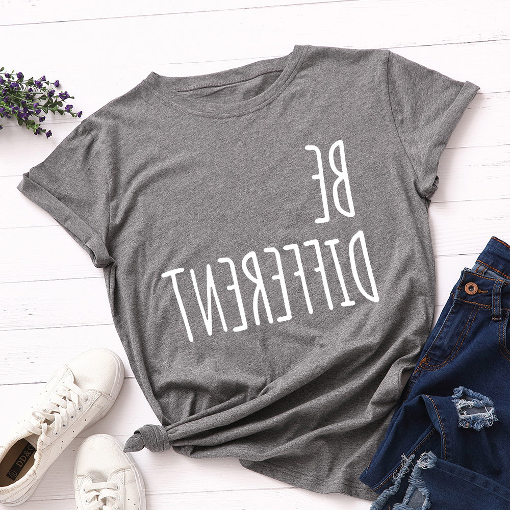 Be Different Upside Down Letter Print T Shirt Women Short Sleeve O Neck Loose Tshirt Women Causal Tee Shirt Tops Camisetas Mujer