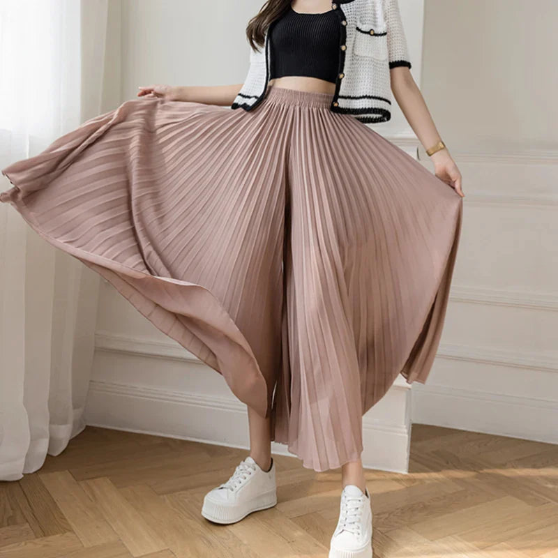 Women Elegant Chiffon High Waist Wide Leg Pants Casual Korean Fashion Pleated Loose Trousers Clothes Comodi Pantalones De Mujer