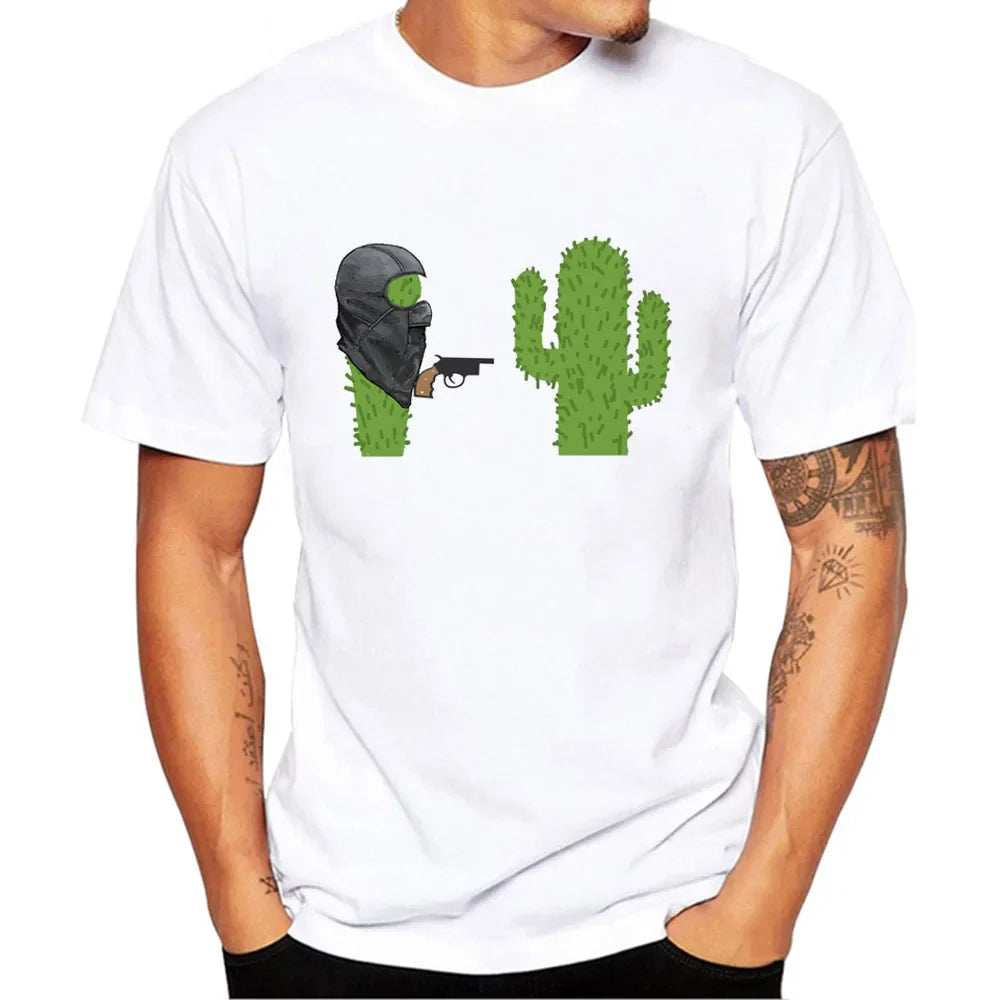 Cactus Funny Men Collar T Shirt Basic Casual T-shirt Men Short Sleeve Tshirt Men Funny Tumblr Graphic Elastic Tee Shirt