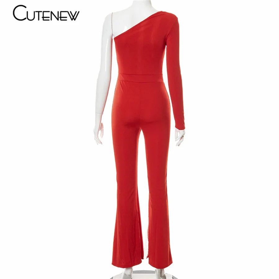 Cutenew Sexy Mesh Patchwork One Shoulder Playsuits Women Elegant Solid Skinny Flare Pants Jumpsuit Fashion Lady Party Streetwear