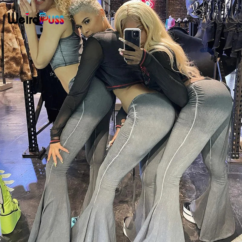 Weird Puss Y2K Low Waist Flare Pants Women Drawstring Ruched Long Trousers Elastic Casual Streetwear Fashion Bandage Bottoms
