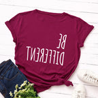 Be Different Upside Down Letter Print T Shirt Women Short Sleeve O Neck Loose Tshirt Women Causal Tee Shirt Tops Camisetas Mujer