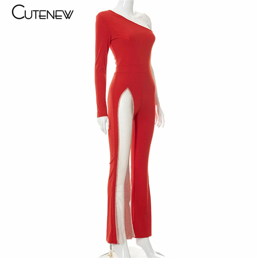 Cutenew Sexy Mesh Patchwork One Shoulder Playsuits Women Elegant Solid Skinny Flare Pants Jumpsuit Fashion Lady Party Streetwear