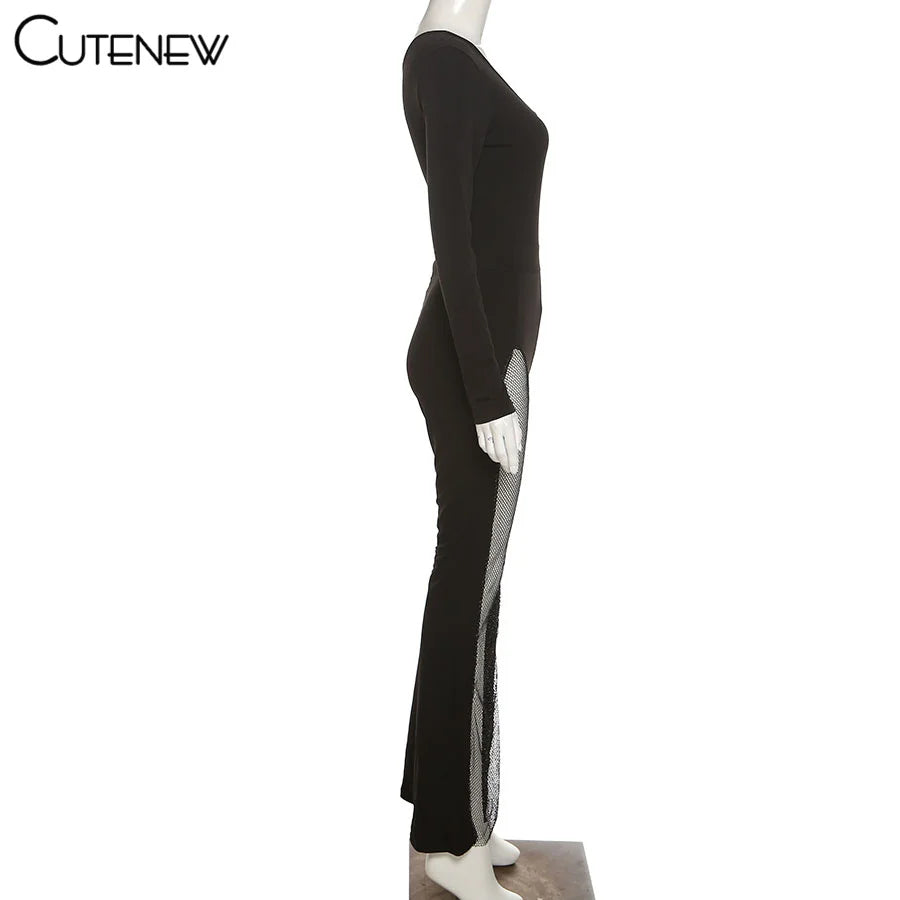 Cutenew Sexy Mesh Patchwork One Shoulder Playsuits Women Elegant Solid Skinny Flare Pants Jumpsuit Fashion Lady Party Streetwear