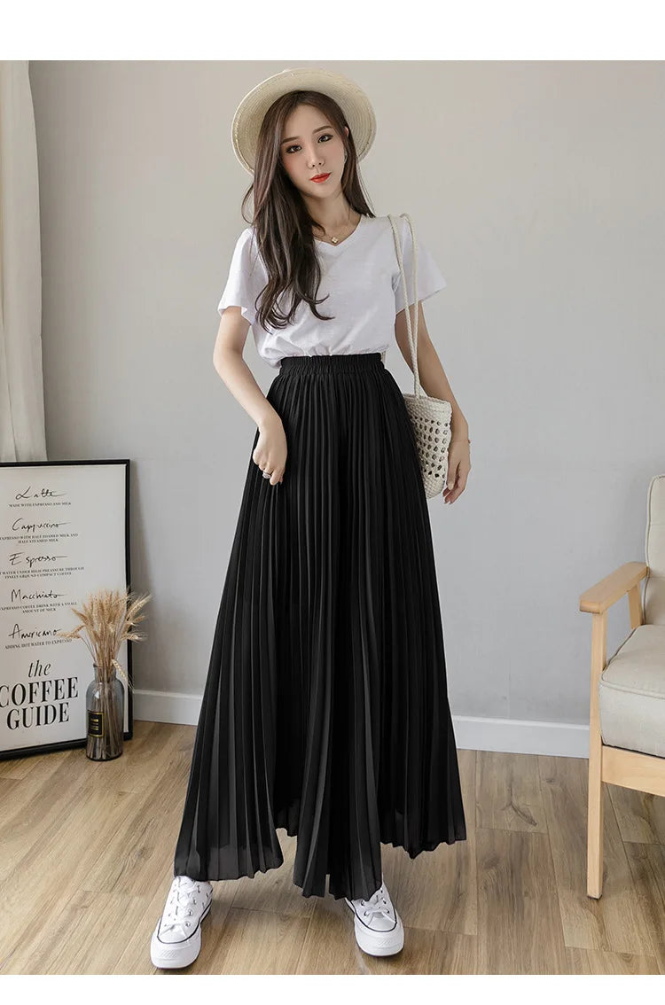 Women Elegant Chiffon High Waist Wide Leg Pants Casual Korean Fashion Pleated Loose Trousers Clothes Comodi Pantalones De Mujer