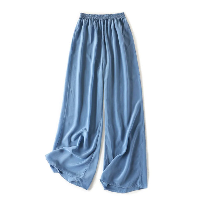 SuyaDream Women Wide Leg Pants 100%Real Silk Solid Elastic Waisted Ankle-length 2024 Office Spring Autumn Chic Trousers Black