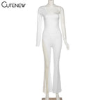 Cutenew Sexy Mesh Patchwork One Shoulder Playsuits Women Elegant Solid Skinny Flare Pants Jumpsuit Fashion Lady Party Streetwear