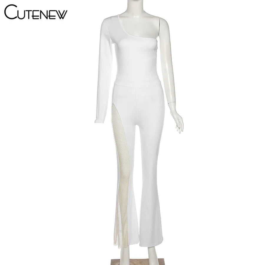 Cutenew Sexy Mesh Patchwork One Shoulder Playsuits Women Elegant Solid Skinny Flare Pants Jumpsuit Fashion Lady Party Streetwear