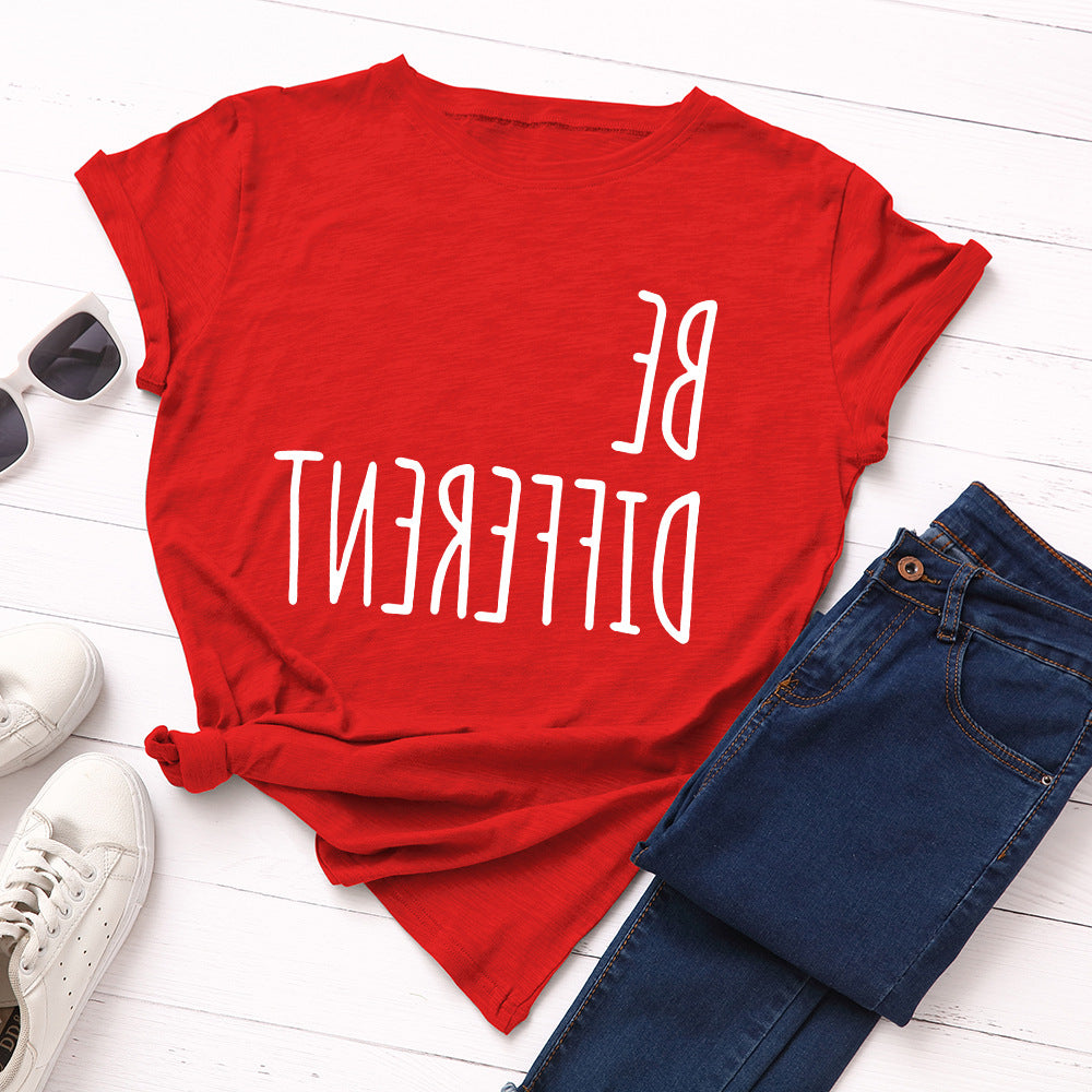 Be Different Upside Down Letter Print T Shirt Women Short Sleeve O Neck Loose Tshirt Women Causal Tee Shirt Tops Camisetas Mujer