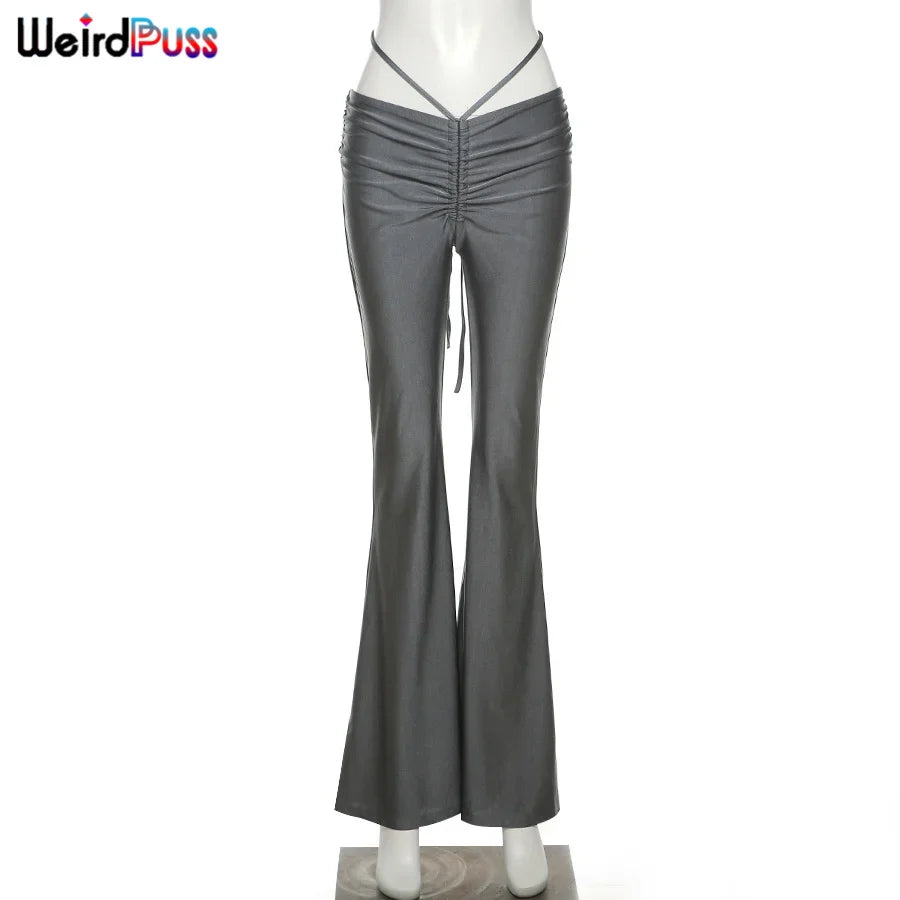 Weird Puss Y2K Low Waist Flare Pants Women Drawstring Ruched Long Trousers Elastic Casual Streetwear Fashion Bandage Bottoms