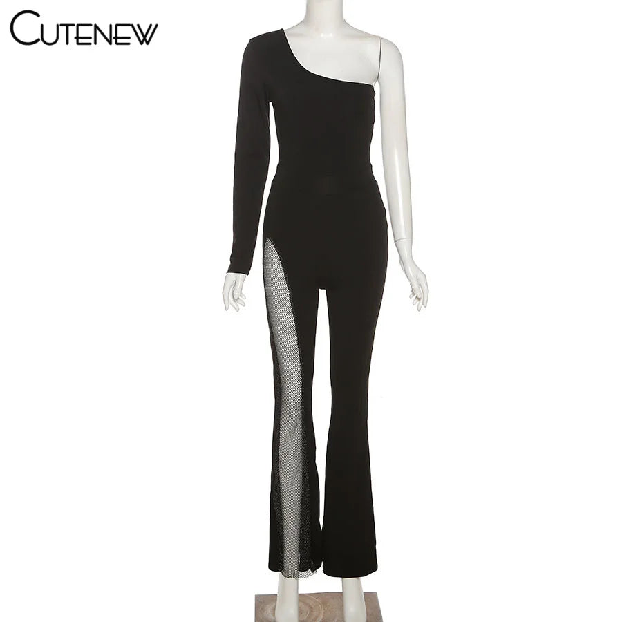 Cutenew Sexy Mesh Patchwork One Shoulder Playsuits Women Elegant Solid Skinny Flare Pants Jumpsuit Fashion Lady Party Streetwear
