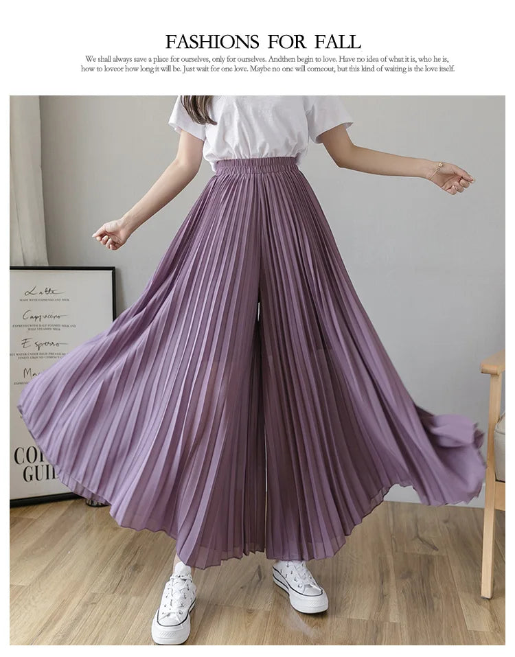 Women Elegant Chiffon High Waist Wide Leg Pants Casual Korean Fashion Pleated Loose Trousers Clothes Comodi Pantalones De Mujer