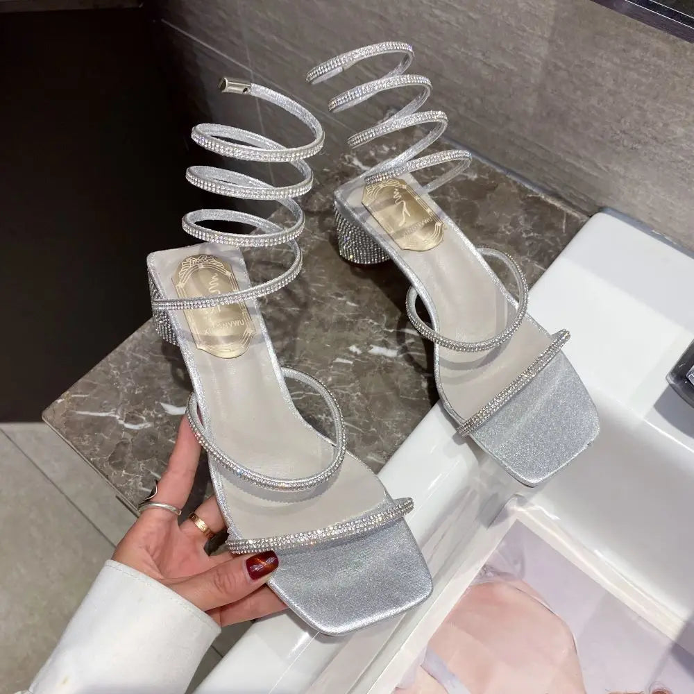 Xibeilove 2024 Summer Luxury Women Sandals Crystal Square Head Gold Rhinestone Snake Pattern High Heels Wedding Party Shoes