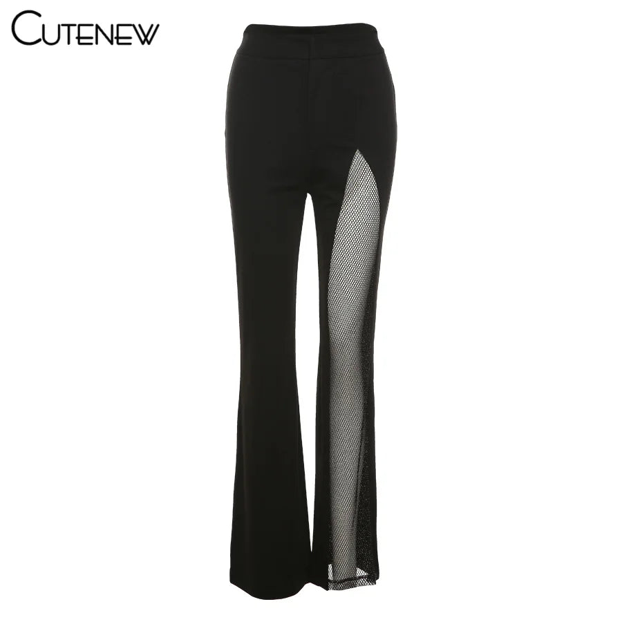 Cutenew Sexy Mesh Patchwork One Shoulder Playsuits Women Elegant Solid Skinny Flare Pants Jumpsuit Fashion Lady Party Streetwear