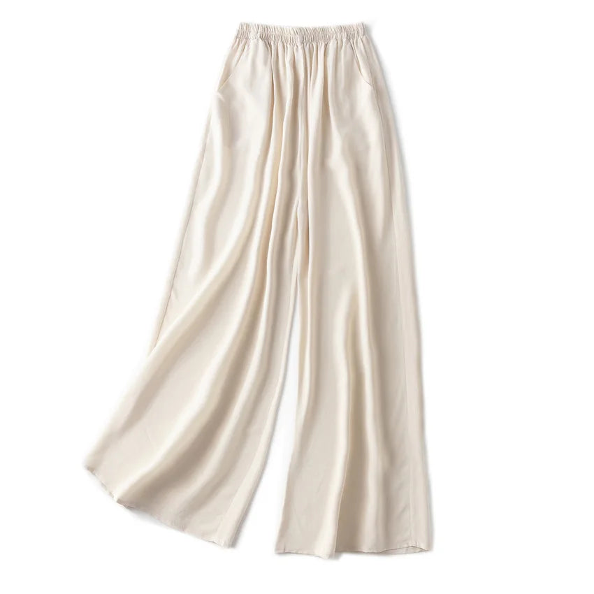 SuyaDream Women Wide Leg Pants 100%Real Silk Solid Elastic Waisted Ankle-length 2024 Office Spring Autumn Chic Trousers Black