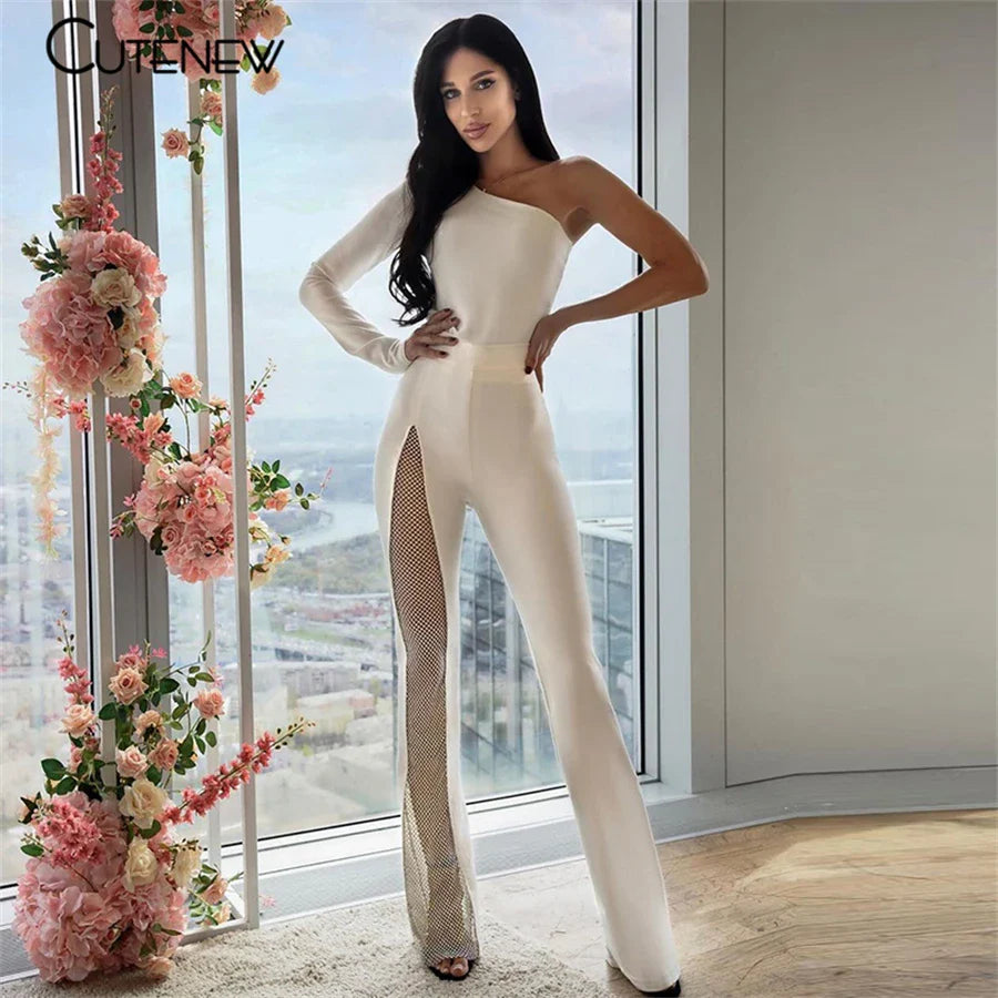 Cutenew Sexy Mesh Patchwork One Shoulder Playsuits Women Elegant Solid Skinny Flare Pants Jumpsuit Fashion Lady Party Streetwear