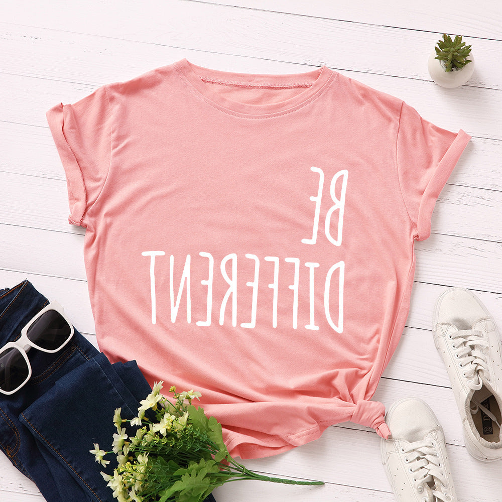 Be Different Upside Down Letter Print T Shirt Women Short Sleeve O Neck Loose Tshirt Women Causal Tee Shirt Tops Camisetas Mujer