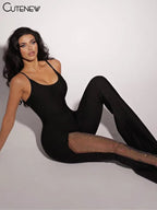 Cutenew Sexy Mesh Patchwork One Shoulder Playsuits Women Elegant Solid Skinny Flare Pants Jumpsuit Fashion Lady Party Streetwear