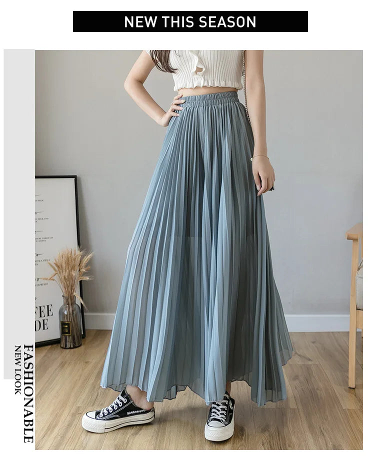 Women Elegant Chiffon High Waist Wide Leg Pants Casual Korean Fashion Pleated Loose Trousers Clothes Comodi Pantalones De Mujer
