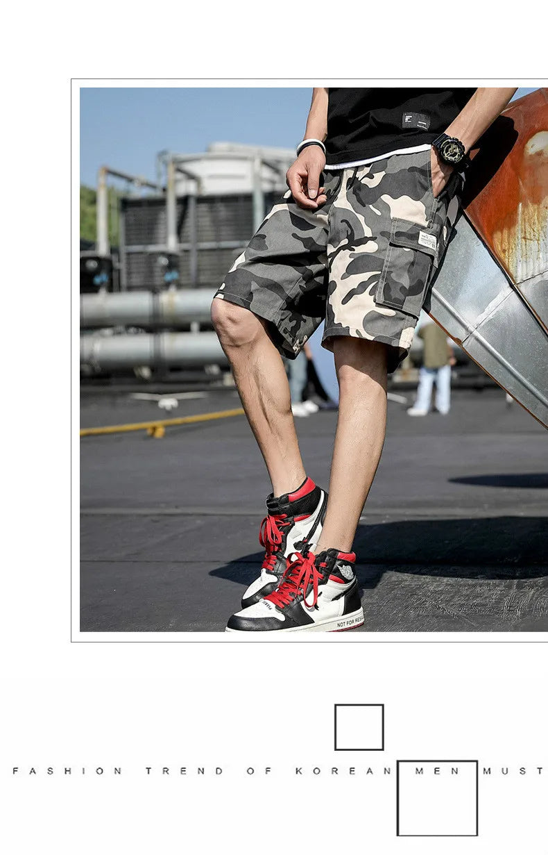 Summer Men's Outdoor Camouflage Cargo Shorts Pocket Cotton Casual Half Pants Mid Waist Drawstring Loose Shorts Bib Overalls 7XL