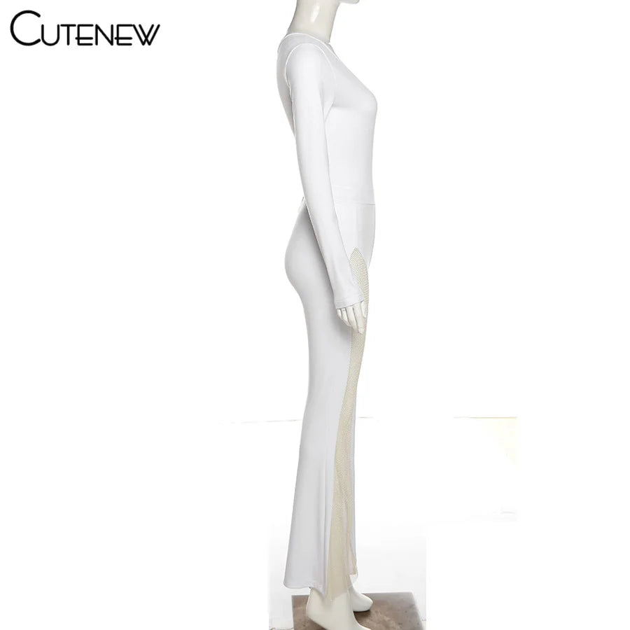 Cutenew Sexy Mesh Patchwork One Shoulder Playsuits Women Elegant Solid Skinny Flare Pants Jumpsuit Fashion Lady Party Streetwear