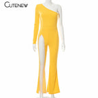Cutenew Sexy Mesh Patchwork One Shoulder Playsuits Women Elegant Solid Skinny Flare Pants Jumpsuit Fashion Lady Party Streetwear